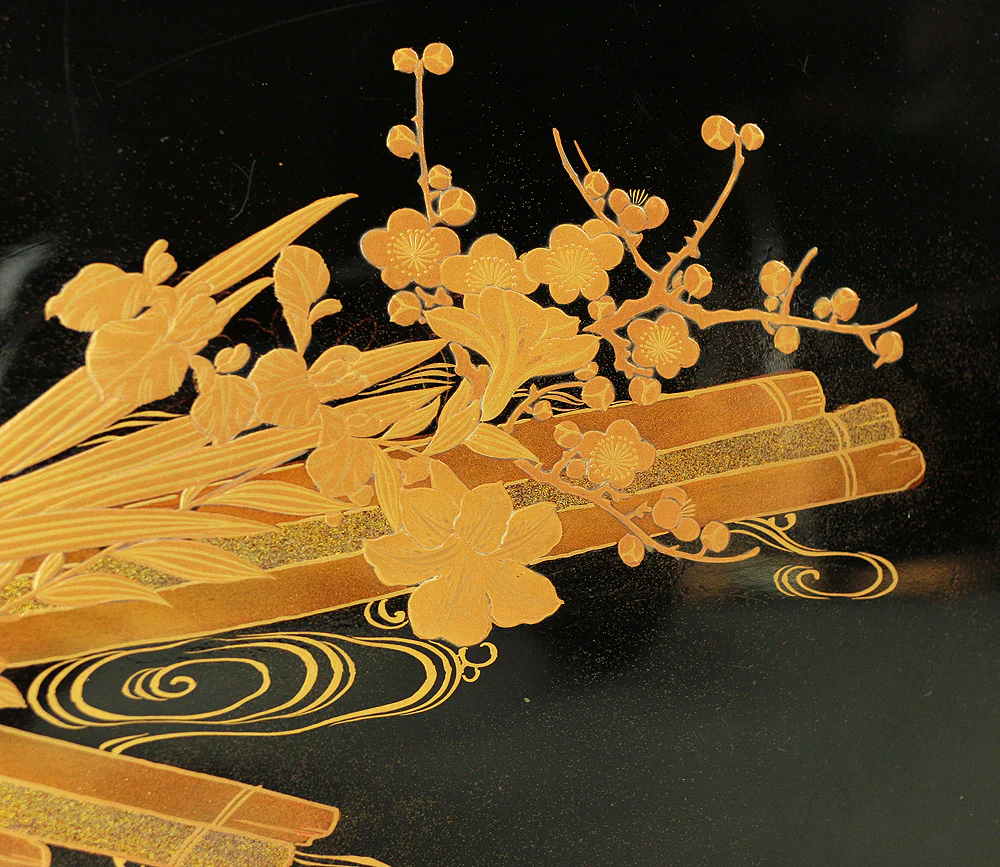Makie Gold Lacquer Japanese Tray (Obon) design of Fowers Chrysanthemum Bush Clovers Plum with Box VA169 - Image 17
