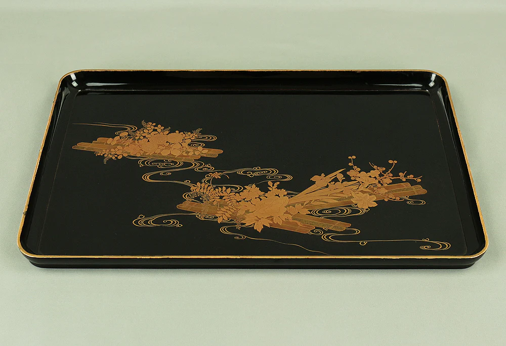 Makie Gold Lacquer Japanese Tray (Obon) design of Fowers Chrysanthemum Bush Clovers Plum with Box VA169 - Image 2