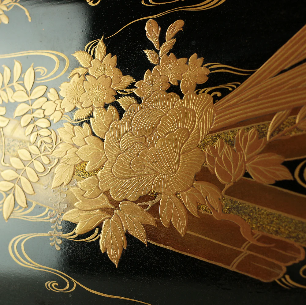 Makie Gold Lacquer Japanese Tray (Obon) design of Fowers Chrysanthemum Bush Clovers Plum with Box VA169 - Image 20