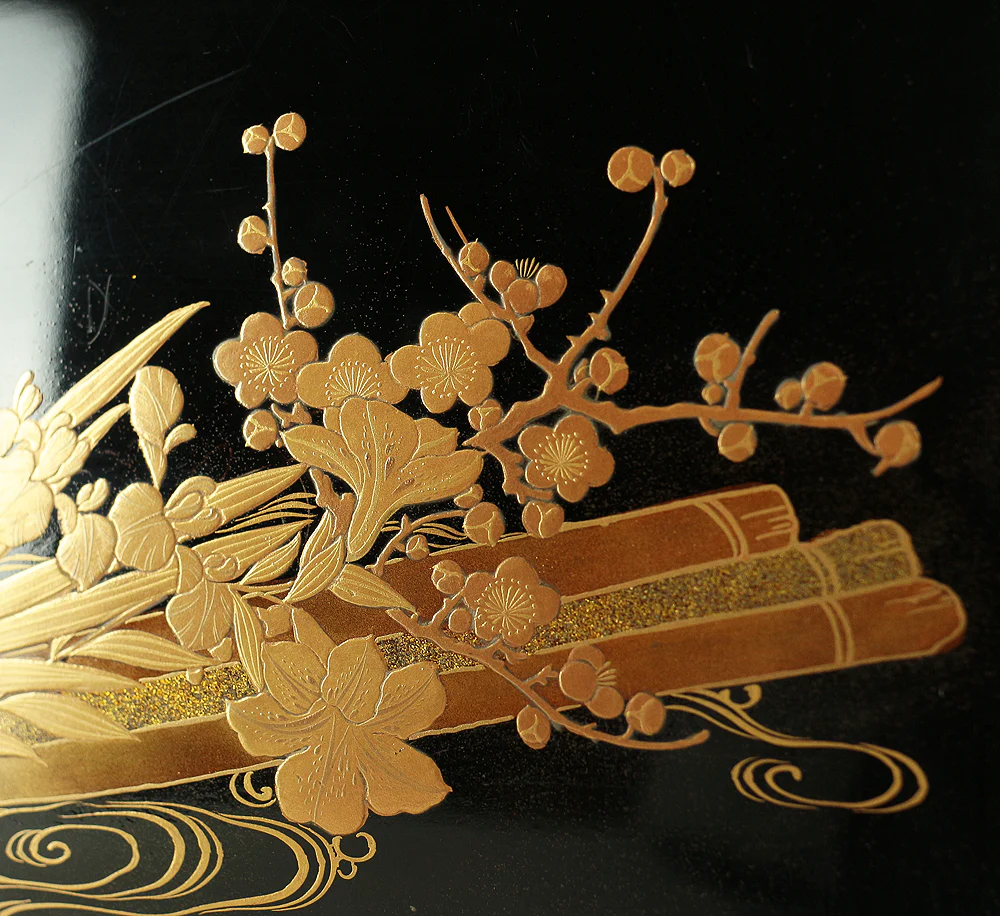 Makie Gold Lacquer Japanese Tray (Obon) design of Fowers Chrysanthemum Bush Clovers Plum with Box VA169 - Image 21