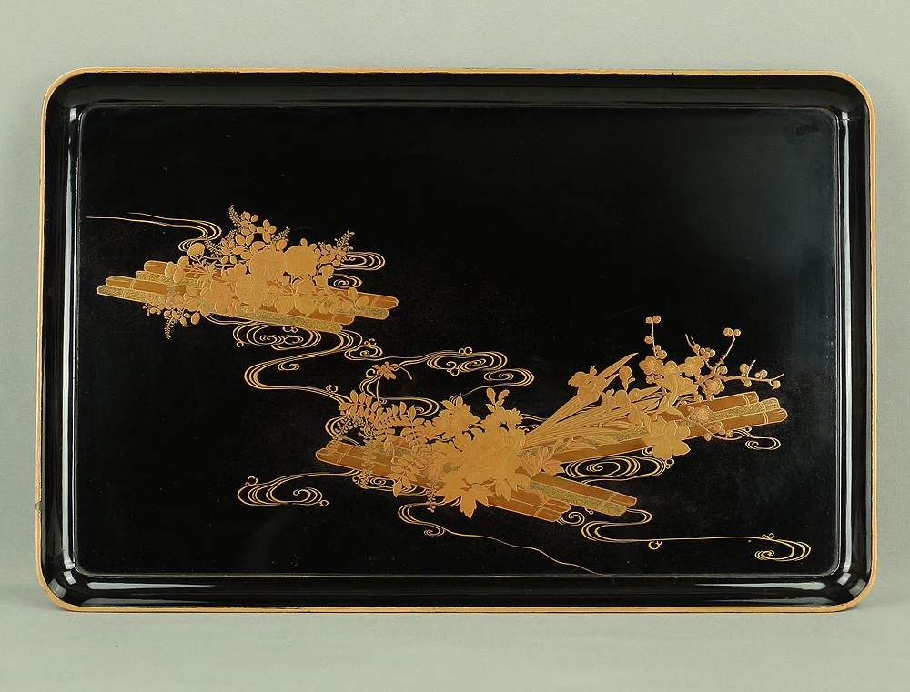 Makie Gold Lacquer Japanese Tray (Obon) design of Fowers Chrysanthemum Bush Clovers Plum with Box VA169 - Image 3