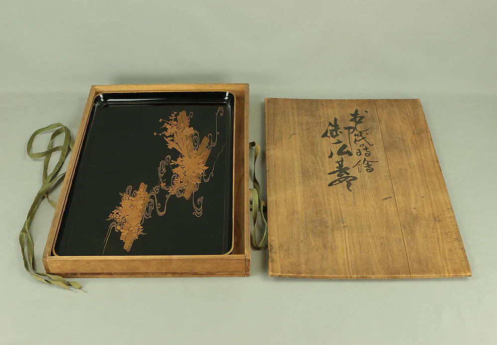 Makie Gold Lacquer Japanese Tray (Obon) design of Fowers Chrysanthemum Bush Clovers Plum with Box VA169 - Image 37