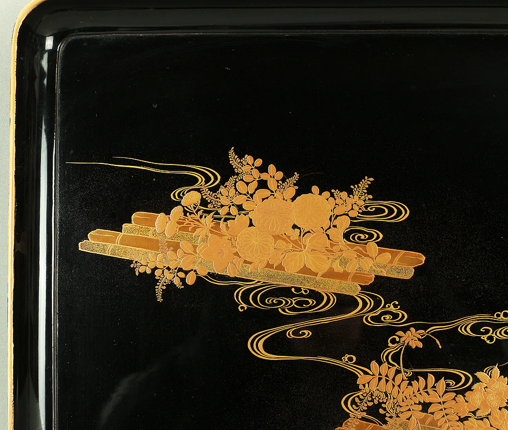 Makie Gold Lacquer Japanese Tray (Obon) design of Fowers Chrysanthemum Bush Clovers Plum with Box VA169 - Image 4