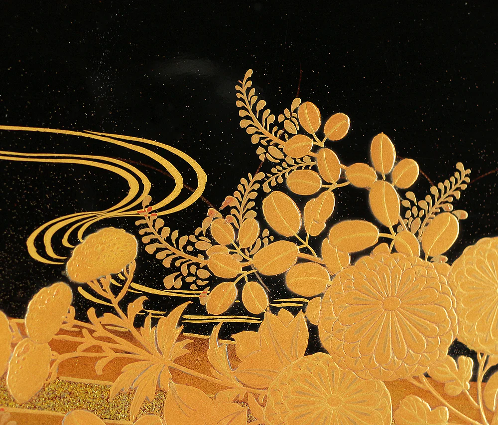 Makie Gold Lacquer Japanese Tray (Obon) design of Fowers Chrysanthemum Bush Clovers Plum with Box VA169 - Image 5