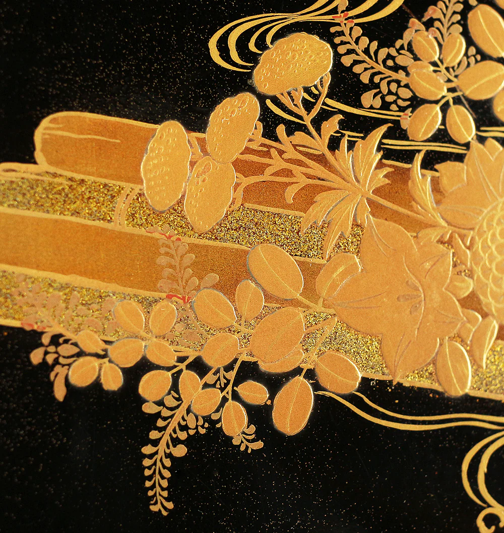 Makie Gold Lacquer Japanese Tray (Obon) design of Fowers Chrysanthemum Bush Clovers Plum with Box VA169 - Image 6