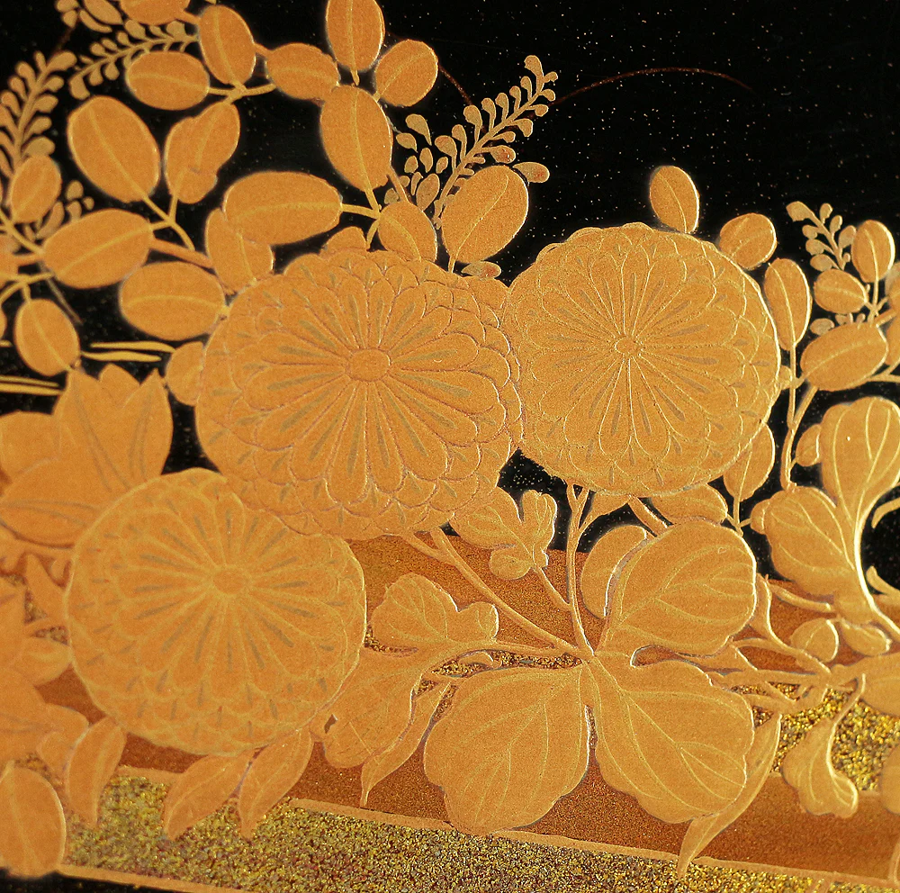 Makie Gold Lacquer Japanese Tray (Obon) design of Fowers Chrysanthemum Bush Clovers Plum with Box VA169 - Image 7