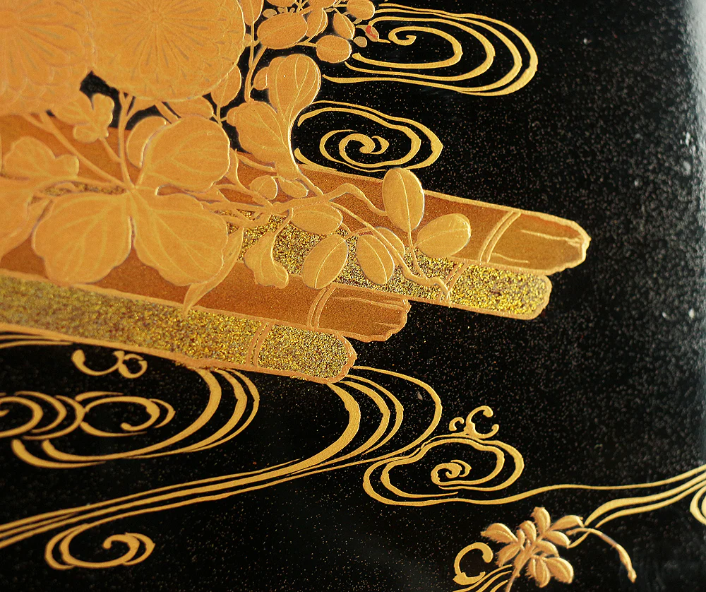Makie Gold Lacquer Japanese Tray (Obon) design of Fowers Chrysanthemum Bush Clovers Plum with Box VA169 - Image 8