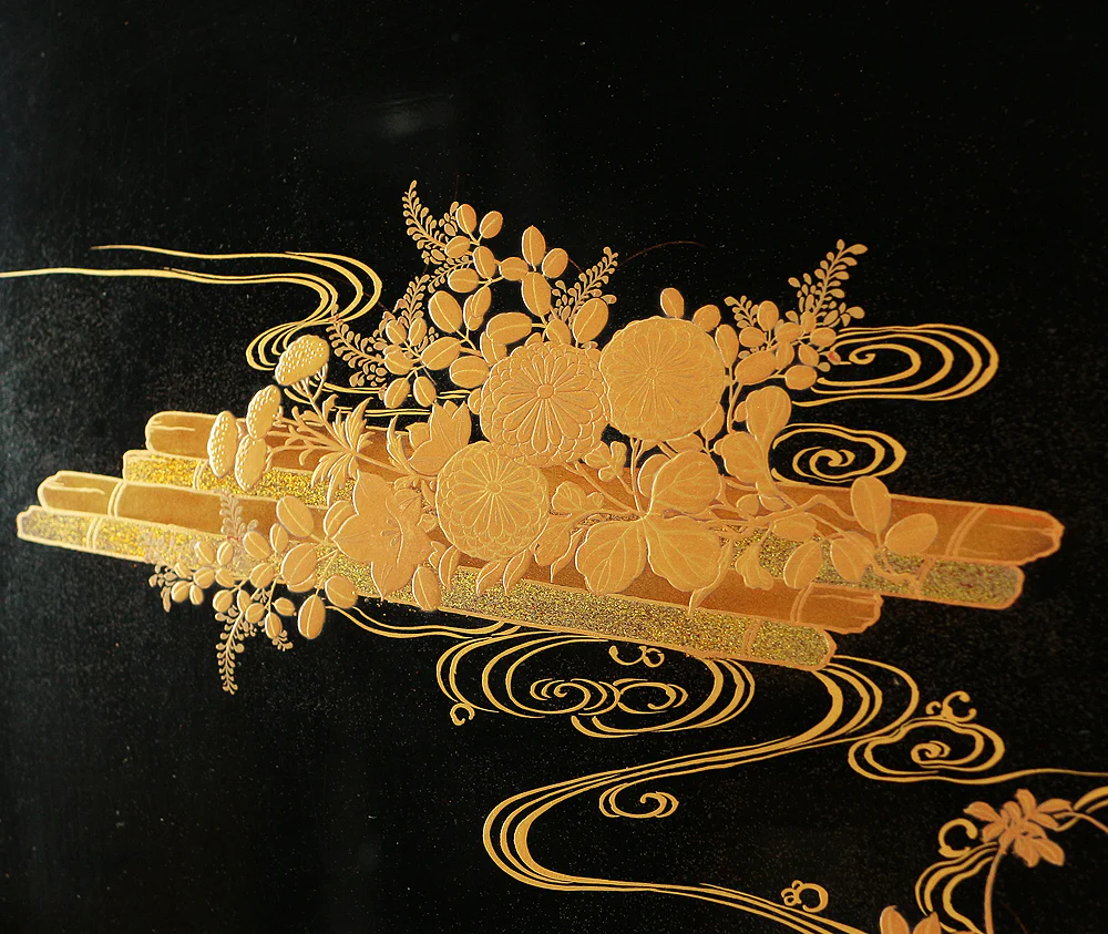 Makie Gold Lacquer Japanese Tray (Obon) design of Fowers Chrysanthemum Bush Clovers Plum with Box VA169 - Image 9