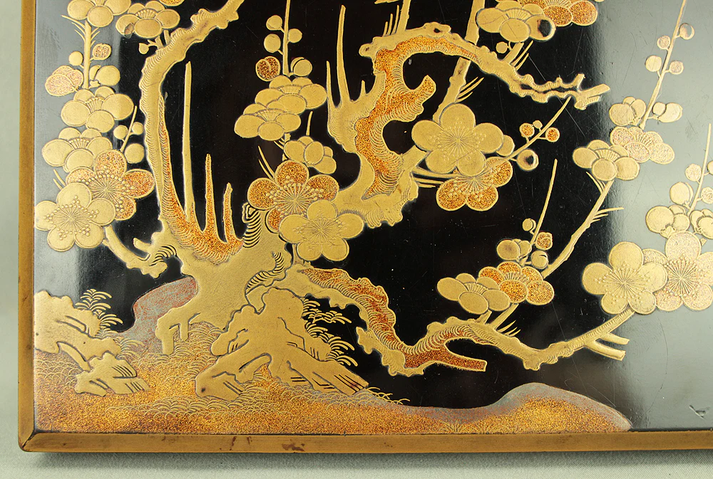 Makie Gold Lacquer Suzuribako (Inkstone Box) Makie Plum Blossoms and Bush Warblers with Box VA851 - Image 12