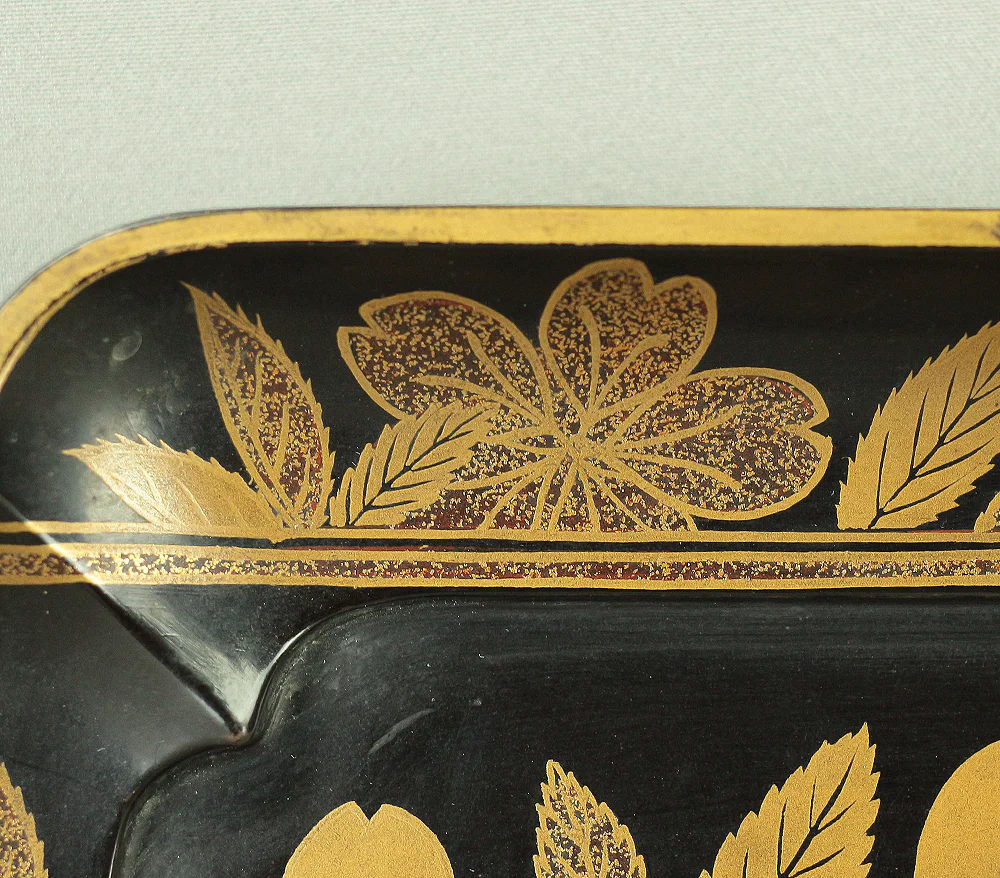 Makie Gold Lacquered Japanese Tray Stream Cherry Flowers VA459 - Image 10