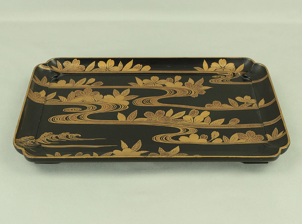 Makie Gold Lacquered Japanese Tray Stream Cherry Flowers VA459 - Image 7