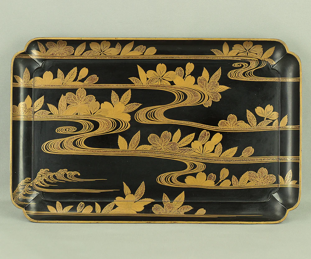Makie Gold Lacquered Japanese Tray Stream Cherry Flowers VA459 - Image 8