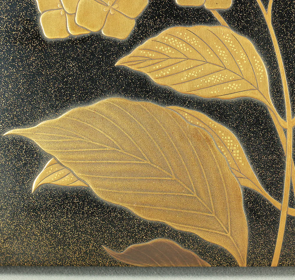 Makie Gold Silver Lacquer Japanese Suzuribako (Inkstone Box) design of Gold Silver Lacquered Makie Hydrangea and Butterfly VA236 - Image 10