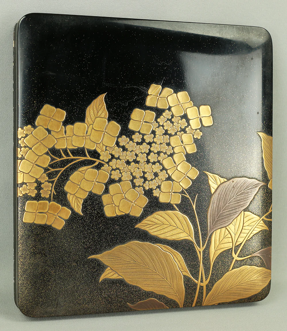 Makie Gold Silver Lacquer Japanese Suzuribako (Inkstone Box) design of Gold Silver Lacquered Makie Hydrangea and Butterfly VA236 - Image 11