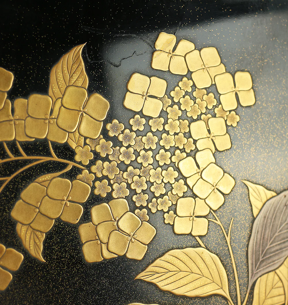 Makie Gold Silver Lacquer Japanese Suzuribako (Inkstone Box) design of Gold Silver Lacquered Makie Hydrangea and Butterfly VA236 - Image 12