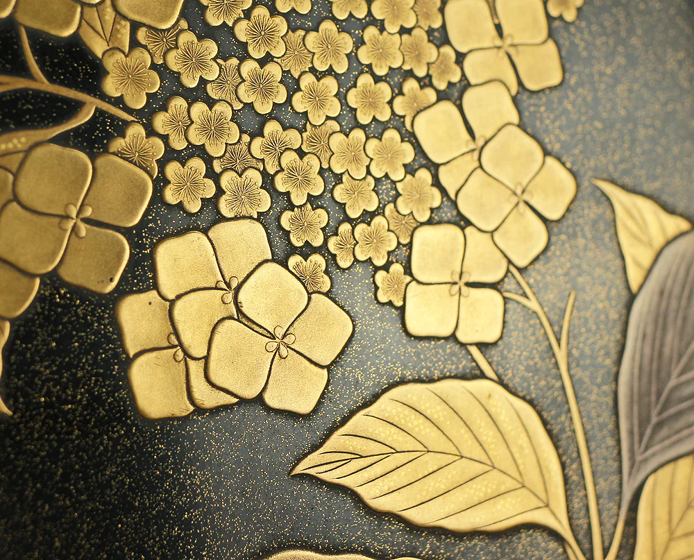 Makie Gold Silver Lacquer Japanese Suzuribako (Inkstone Box) design of Gold Silver Lacquered Makie Hydrangea and Butterfly VA236 - Image 14
