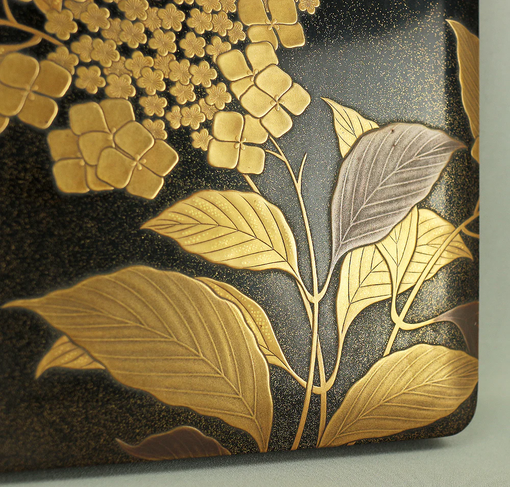 Makie Gold Silver Lacquer Japanese Suzuribako (Inkstone Box) design of Gold Silver Lacquered Makie Hydrangea and Butterfly VA236 - Image 15