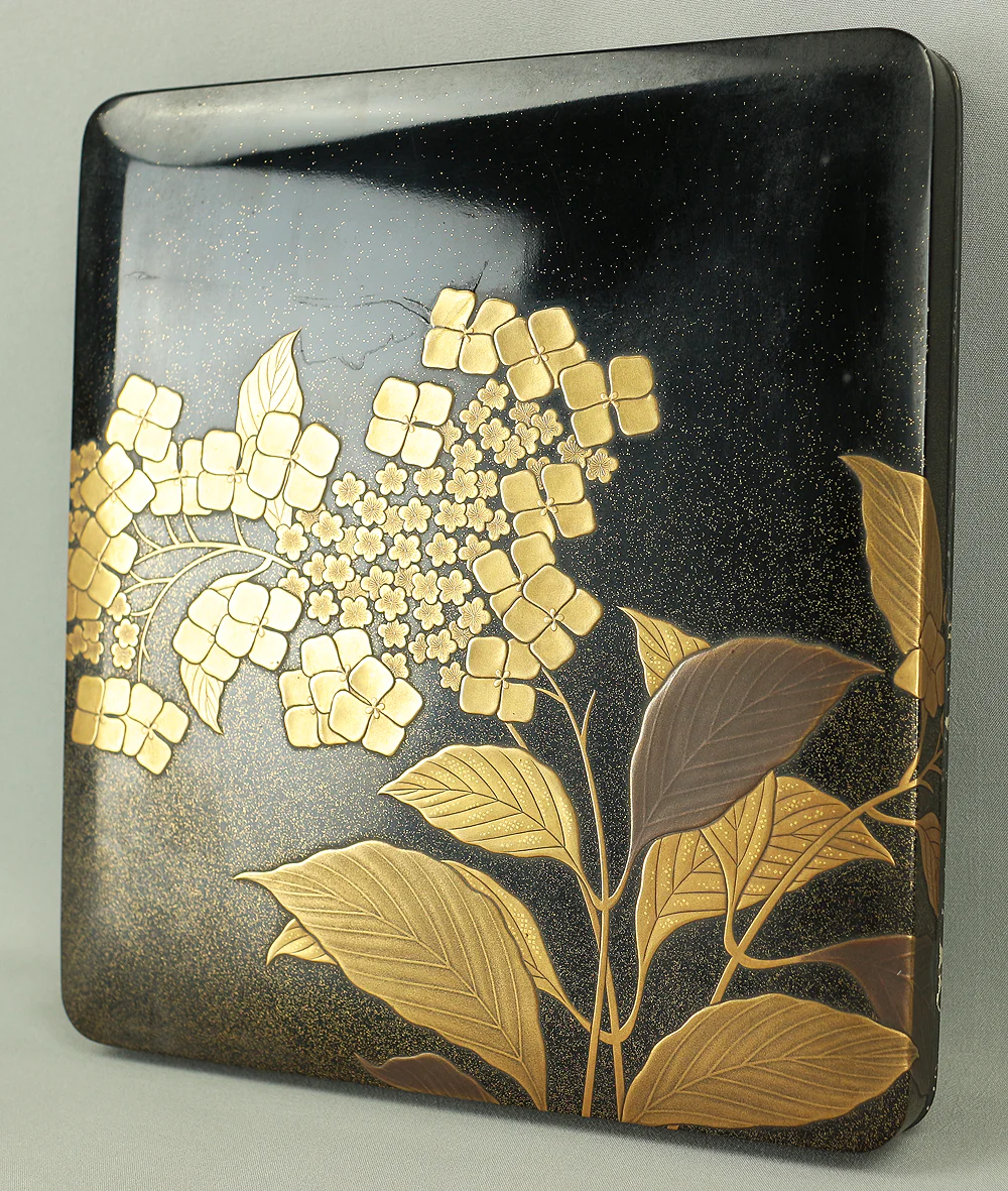 Makie Gold Silver Lacquer Japanese Suzuribako (Inkstone Box) design of Gold Silver Lacquered Makie Hydrangea and Butterfly VA236 - Image 18
