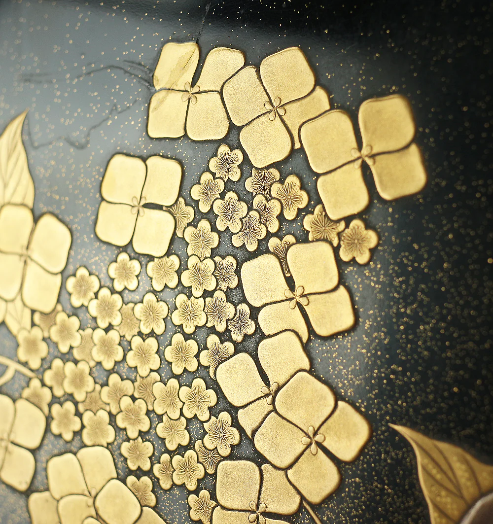 Makie Gold Silver Lacquer Japanese Suzuribako (Inkstone Box) design of Gold Silver Lacquered Makie Hydrangea and Butterfly VA236 - Image 21
