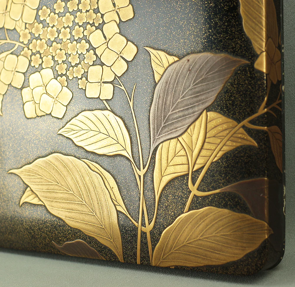 Makie Gold Silver Lacquer Japanese Suzuribako (Inkstone Box) design of Gold Silver Lacquered Makie Hydrangea and Butterfly VA236 - Image 22