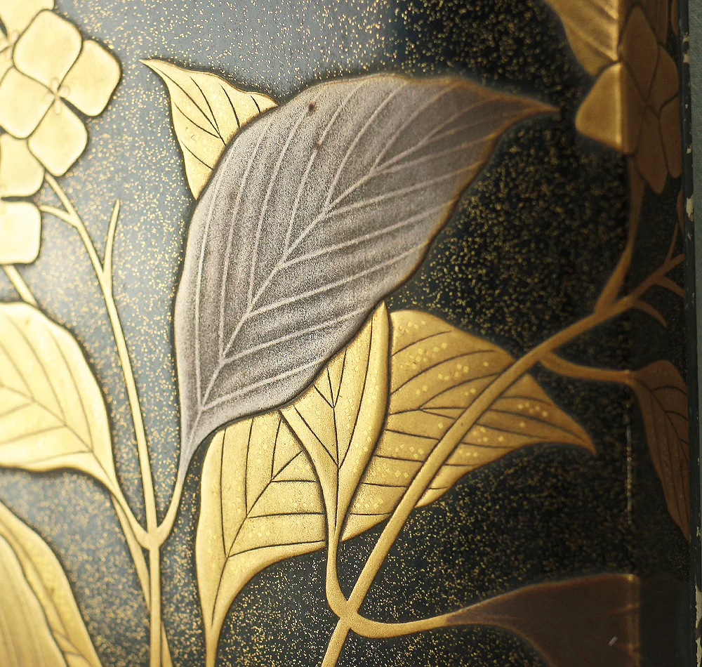 Makie Gold Silver Lacquer Japanese Suzuribako (Inkstone Box) design of Gold Silver Lacquered Makie Hydrangea and Butterfly VA236 - Image 23