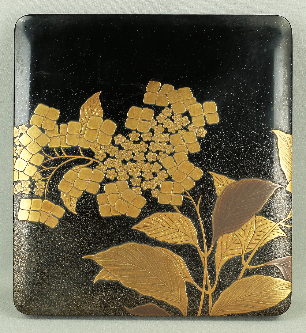 Makie Gold Silver Lacquer Japanese Suzuribako (Inkstone Box) design of Gold Silver Lacquered Makie Hydrangea and Butterfly VA236 - Image 3