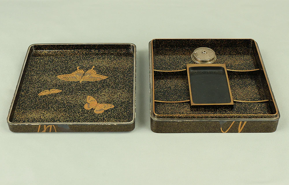 Makie Gold Silver Lacquer Japanese Suzuribako (Inkstone Box) design of Gold Silver Lacquered Makie Hydrangea and Butterfly VA236 - Image 31