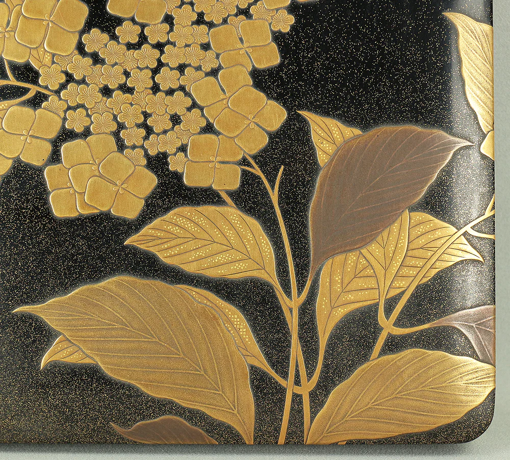 Makie Gold Silver Lacquer Japanese Suzuribako (Inkstone Box) design of Gold Silver Lacquered Makie Hydrangea and Butterfly VA236 - Image 8