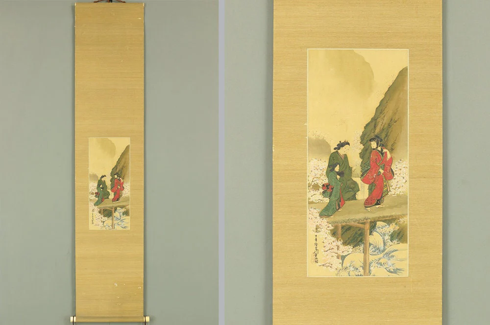 宮川長春 Miyagawa Choshun Japanese antique kakejiku kakemono hanging scroll Spring Scenery,Cherry blossoms & Three Ukiyo-e Kimono Beauty E805
