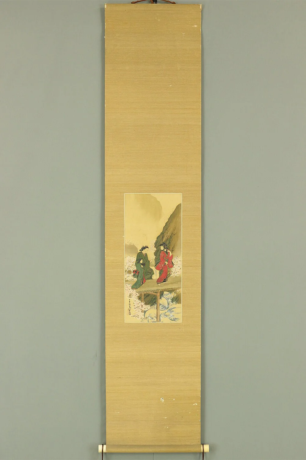 宮川長春 Miyagawa Choshun Japanese antique kakejiku kakemono hanging scroll Spring Scenery,Cherry blossoms & Three Ukiyo-e Kimono Beauty E805 - Image 2