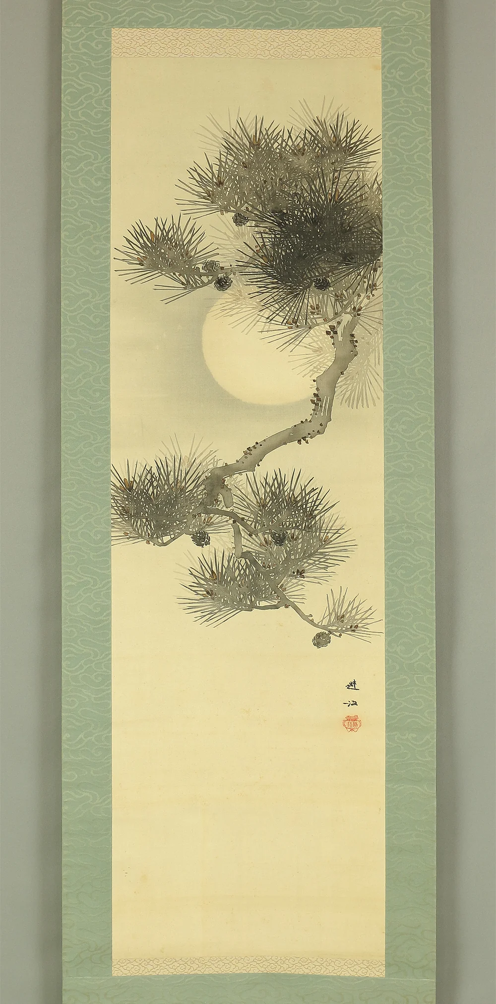 Moon and Pine Tree with Box / Japanese antique art kakejiku kakemono wall hanging scroll RB843