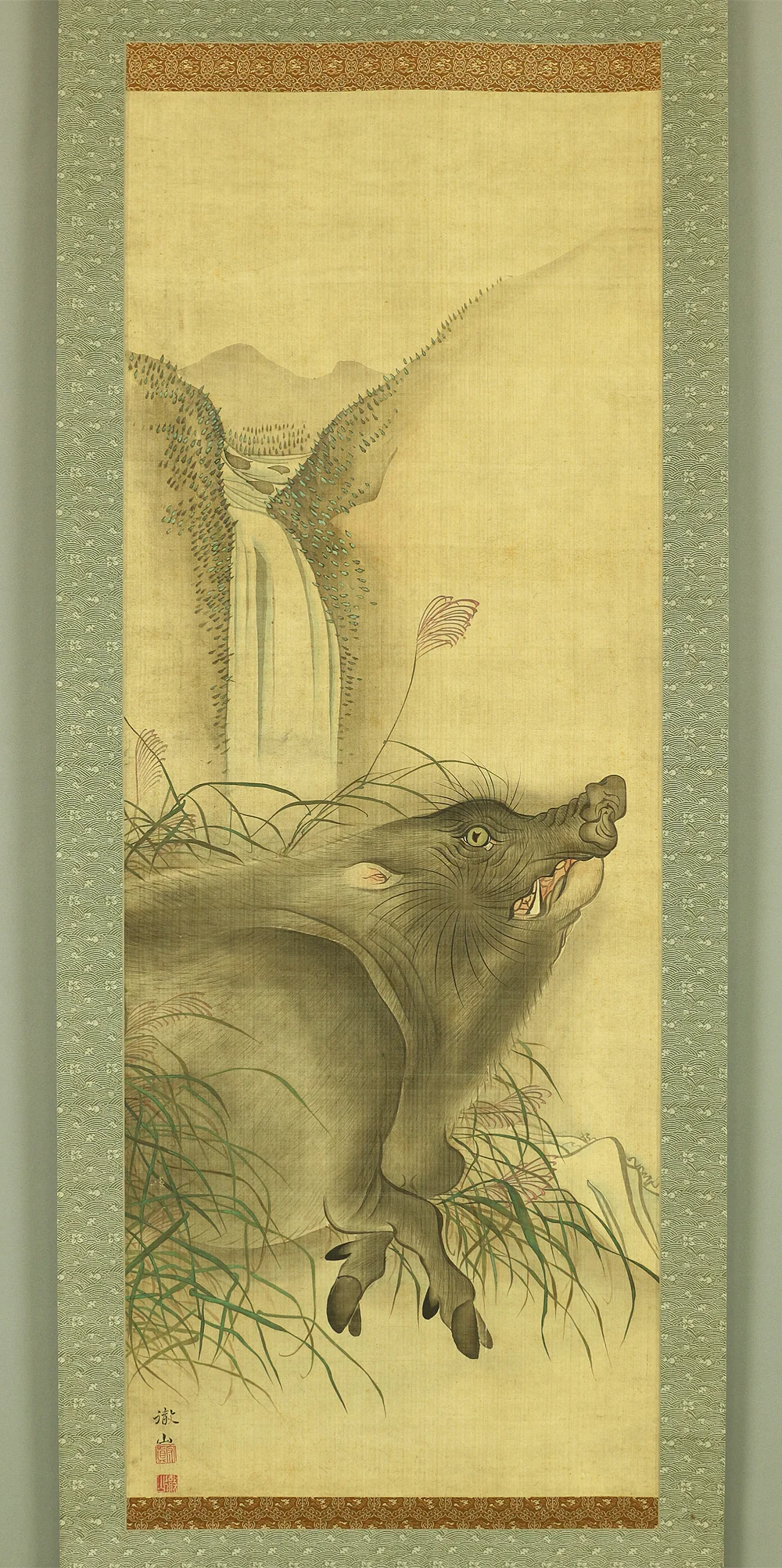 森徹山 MORI TETSUZAN 1775~1841 "Wild Bore & Waterfall" with Box / Japanese antique art kakejiku kakemono wall hanging scroll painting - Image 3