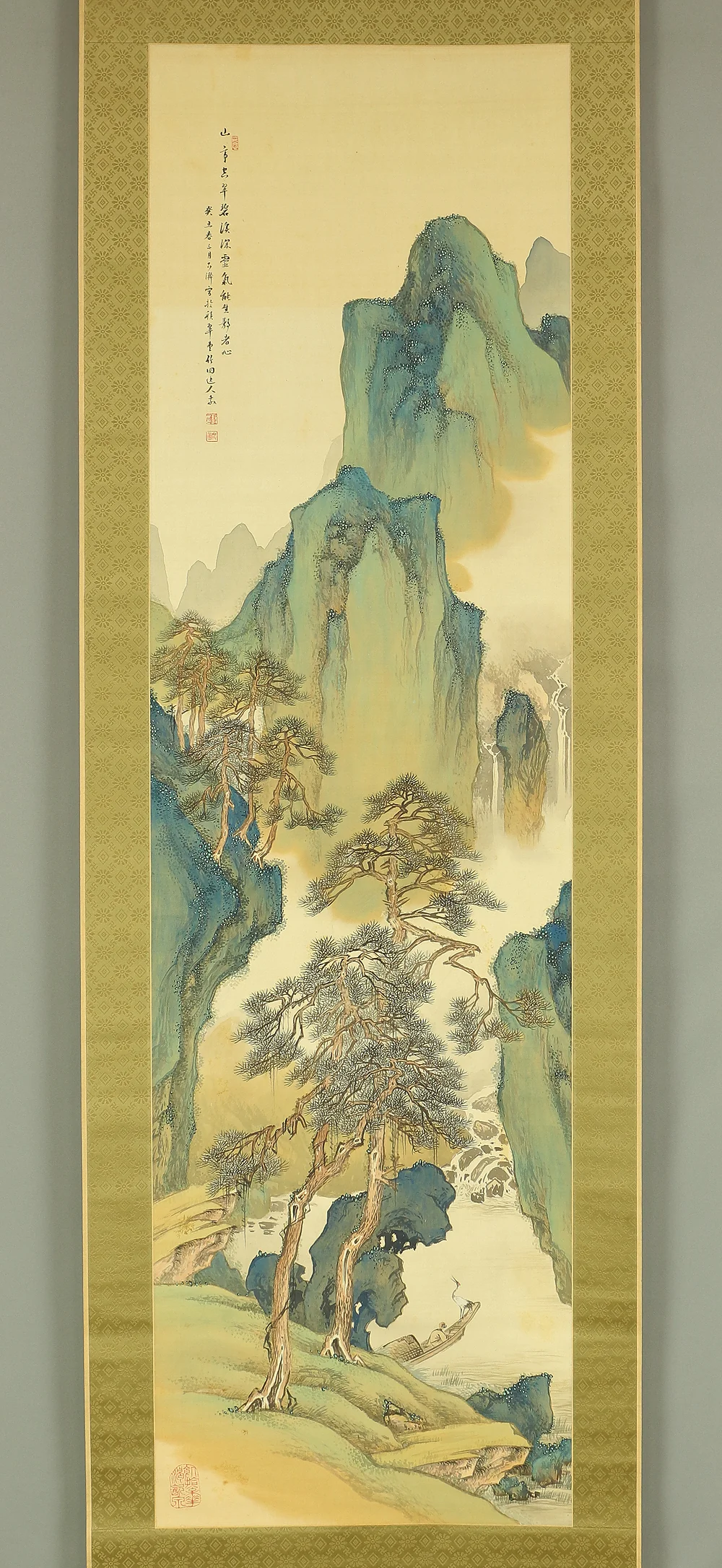 水田竹圃 Mizuta Chikuho (1883-1958) Japanese Hanging Scroll / Sansui Landscapes Mountains Waterfalls River Pines Crane Boat with Original Box (Tomobako) RB831