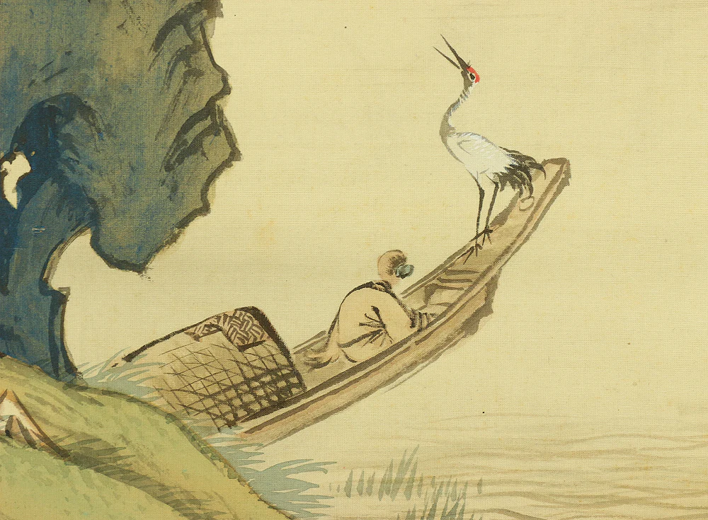 水田竹圃 Mizuta Chikuho (1883-1958) Japanese Hanging Scroll / Sansui Landscapes Mountains Waterfalls River Pines Crane Boat with Original Box (Tomobako) RB831 - Image 16