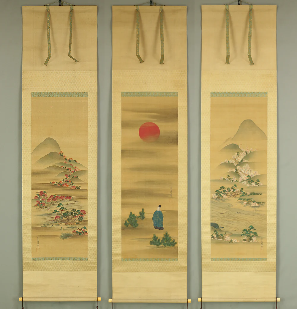 Order item: 土佐光起 Tosa Mitsuoki (1617-1691) Japanese antique art a set of three kakejiku kakemono wall hanging scrolls / Yamato-e Heian Period Spring Autumn Figure Paintings with Box RB891
