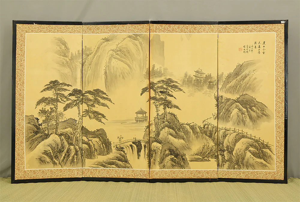 Pine Tree Waterfall Castle Arbor Wise Man Landscape Sansui / Chinese Room Divider Byobu 4 panels Folding Screen VA962