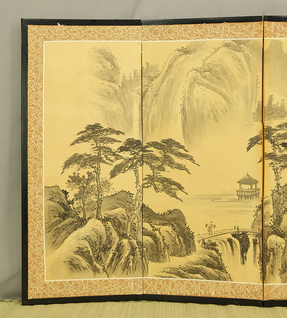 Pine Tree Waterfall Castle Arbor Wise Man Landscape Sansui / Chinese Room Divider Byobu 4 panels Folding Screen VA962 - Image 16