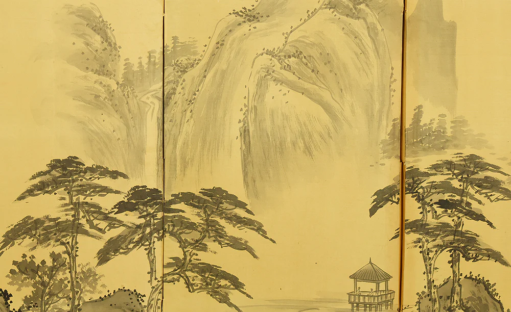 Pine Tree Waterfall Castle Arbor Wise Man Landscape Sansui / Chinese Room Divider Byobu 4 panels Folding Screen VA962 - Image 17