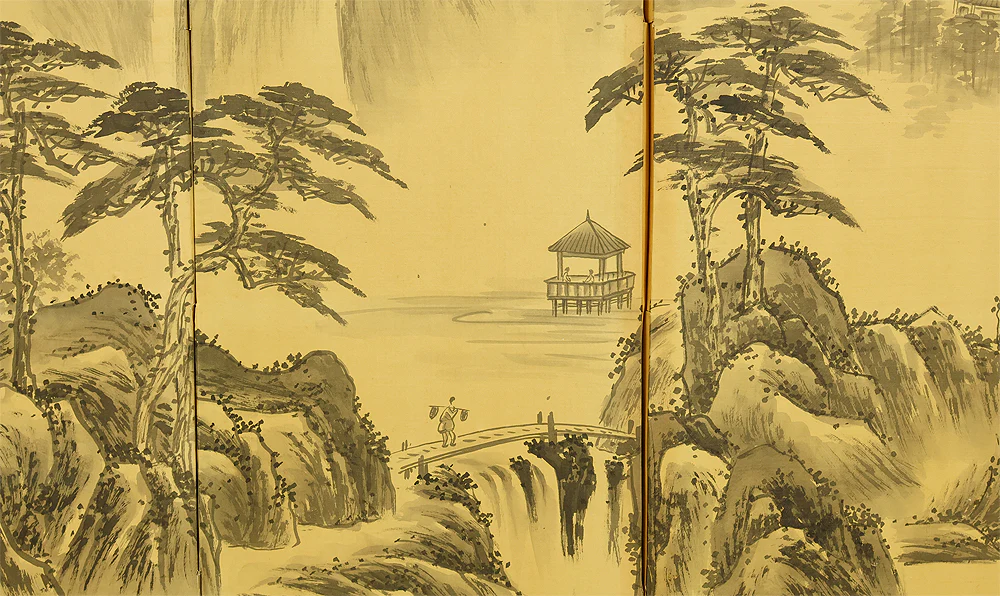 Pine Tree Waterfall Castle Arbor Wise Man Landscape Sansui / Chinese Room Divider Byobu 4 panels Folding Screen VA962 - Image 19