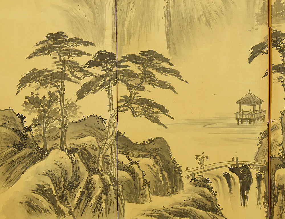 Pine Tree Waterfall Castle Arbor Wise Man Landscape Sansui / Chinese Room Divider Byobu 4 panels Folding Screen VA962 - Image 22