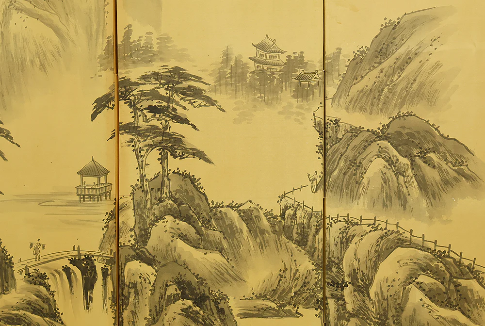 Pine Tree Waterfall Castle Arbor Wise Man Landscape Sansui / Chinese Room Divider Byobu 4 panels Folding Screen VA962 - Image 9