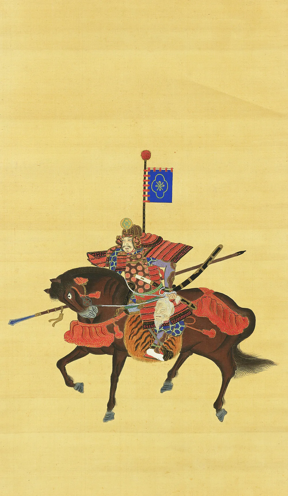 Red Armored Samurai musha Holding a Long Spear and a Severed Head / Japanese art kakejiku kakemono wall hanging scroll A227