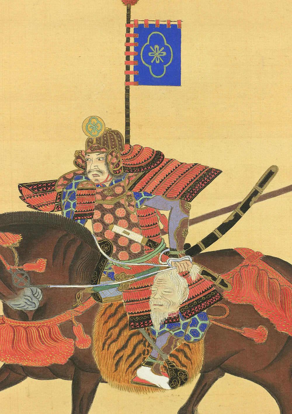 Red Armored Samurai musha Holding a Long Spear and a Severed Head / Japanese art kakejiku kakemono wall hanging scroll A227 - Image 6