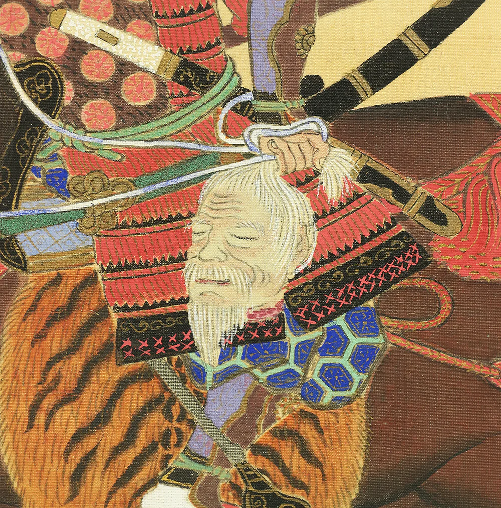 Red Armored Samurai musha Holding a Long Spear and a Severed Head / Japanese art kakejiku kakemono wall hanging scroll A227 - Image 8