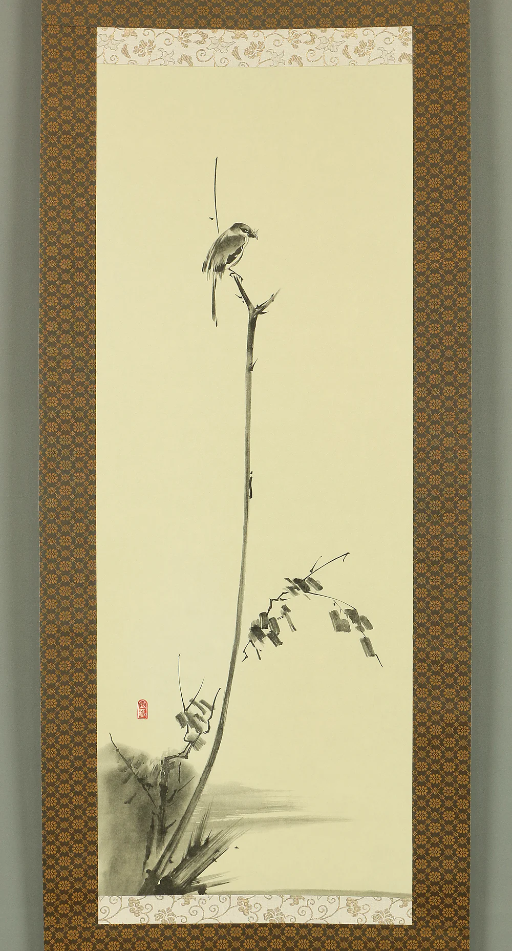 Reproduction Print 宮本武蔵 MIYAMOTO MUSASHI Japanese art kakejiku kakemono wall hanging scroll / Masterpiece 3pcs - Pigeon on red ume tree, Hotei looking at cock fighting & Shrike on bare tree A163 - Image 2
