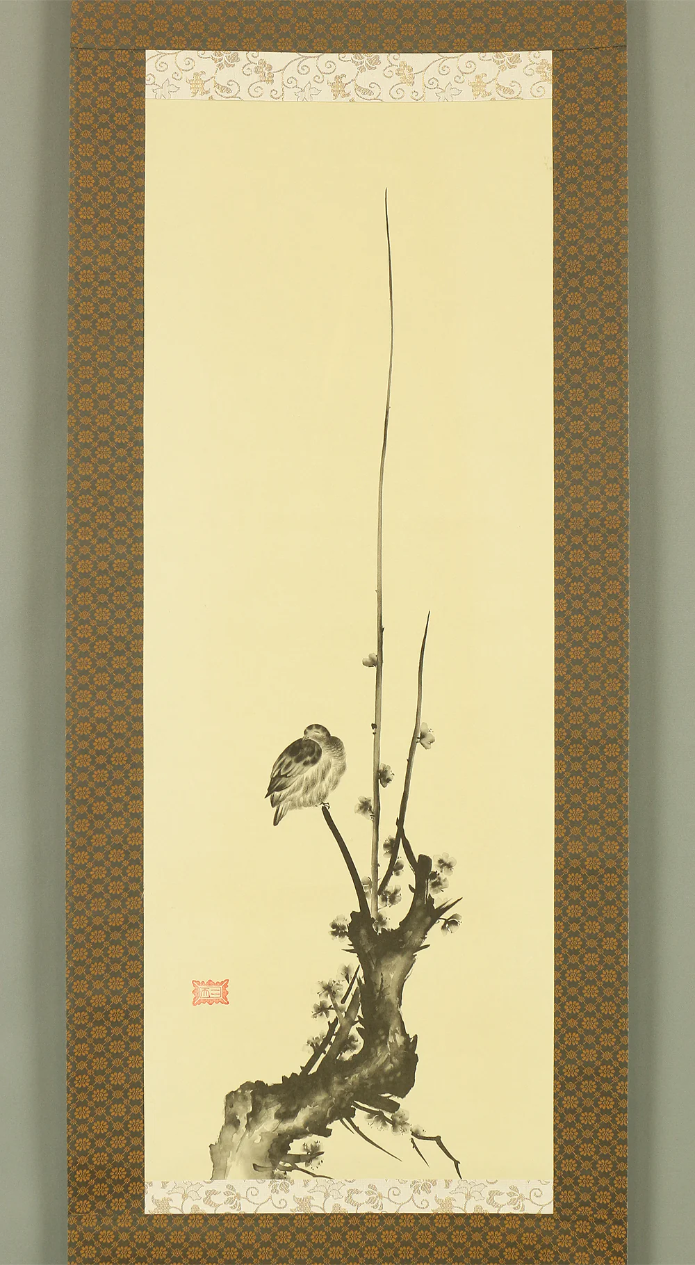 Reproduction Print 宮本武蔵 MIYAMOTO MUSASHI Japanese art kakejiku kakemono wall hanging scroll / Masterpiece 3pcs - Pigeon on red ume tree, Hotei looking at cock fighting & Shrike on bare tree W945 - Image 16
