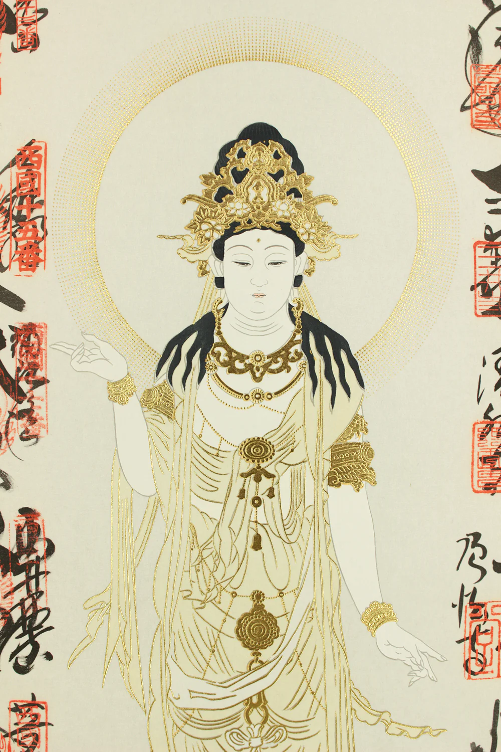 Saigoku Sanjūsanjo 西国三十三所 (33 Pilgrimage Places in the West) - Unjo kannon 雲上聖観音 (Avalokitesvara Bodhisattva Standing on Cloud) with Box / Japanese Buddhism art kakejiku kakemono wall hanging scroll / RC863 - Image 7