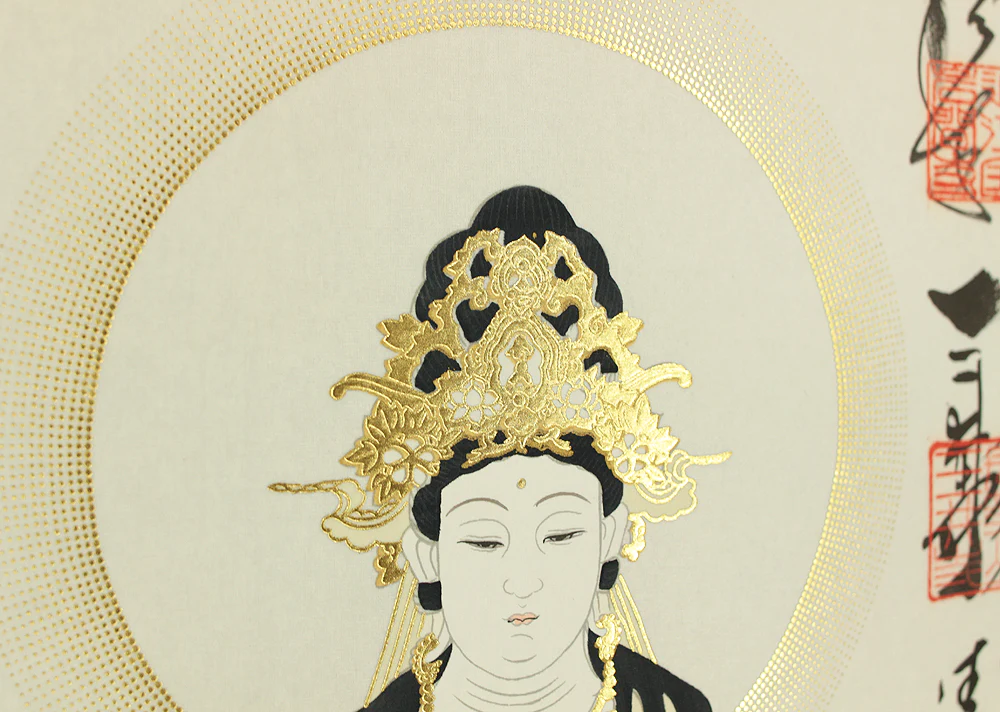 Saigoku Sanjūsanjo 西国三十三所 (33 Pilgrimage Places in the West) - Unjo kannon 雲上聖観音 (Avalokitesvara Bodhisattva Standing on Cloud) with Box / Japanese Buddhism art kakejiku kakemono wall hanging scroll / RC863 - Image 9