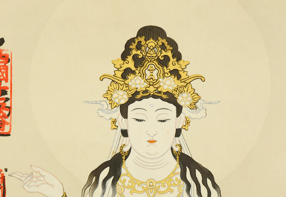 Saigoku Sanjūsanjo 西国三十三所 (33 Pilgrimage Places in the West) - Unjo kannon 雲上聖観音 (Avalokitesvara Bodhisattva Standing on Cloud) with Box / Japanese Buddhism art kakejiku kakemono wall hanging scroll RE242 - Image 8