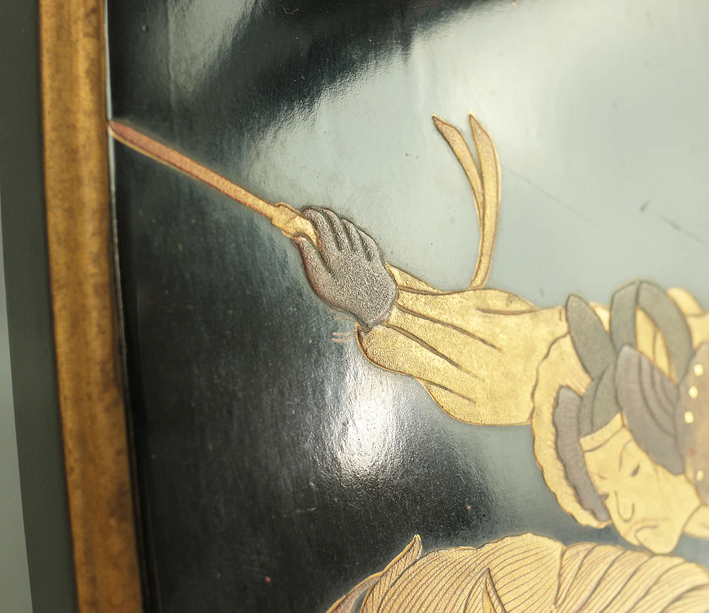 'Samurai Musha Warrior on Horseback' Gold Lacquer Makie Katanakake Wooden Rack Stand for Katana Nihonto Japanese Sword VA307 - Image 26